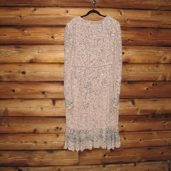 NWOT Mac Duggal Sequin Embellished Nude Silver Faux Wrap Dress FLAW - Picture 6 of 12